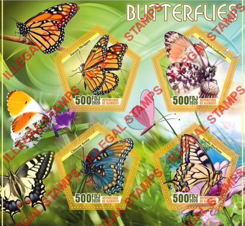 Djibouti 2020 Butterflies Illegal Stamp Souvenir Sheet of 4 Djibouti 2020 Butterflies Illegal Stamp Souvenir Sheet of 4