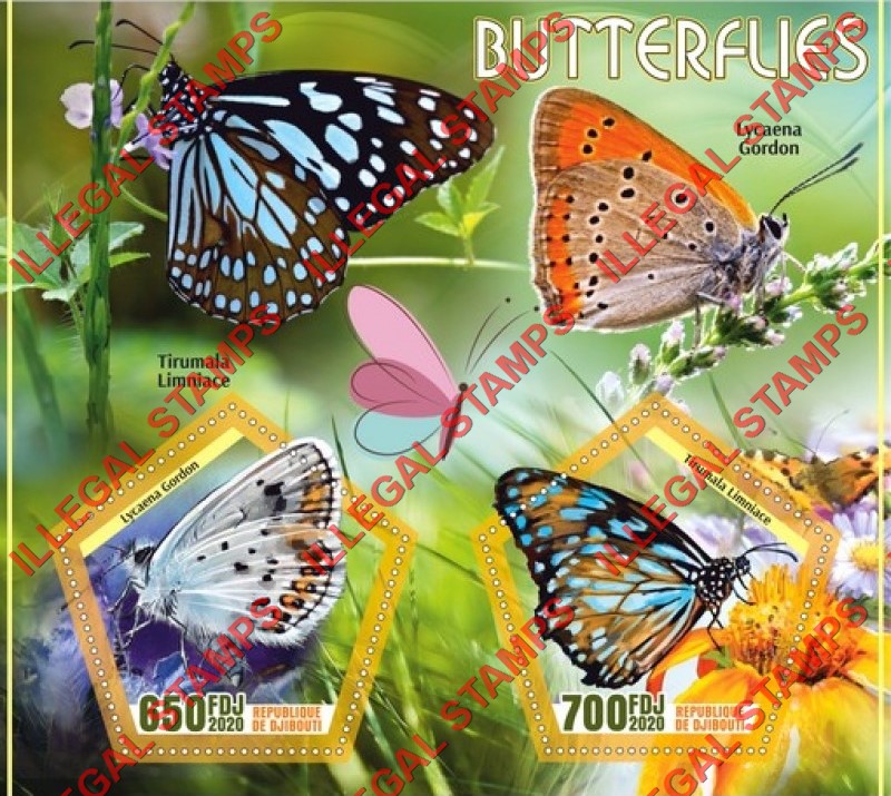 Djibouti 2020 Butterflies Illegal Stamp Souvenir Sheet of 2 Djibouti 2020 Butterflies Illegal Stamp Souvenir Sheet of 2
