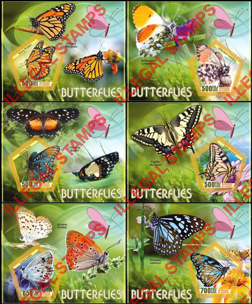 Djibouti 2020 Butterflies Illegal Stamp Souvenir Sheets of 1 Djibouti 2020 Butterflies Illegal Stamp Souvenir Sheets of 1