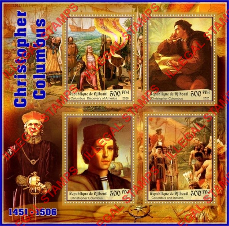 Djibouti 2020 Christopher Columbus Illegal Stamp Souvenir Sheet of 4 Djibouti 2020 Christopher Columbus Illegal Stamp Souvenir Sheet of 4