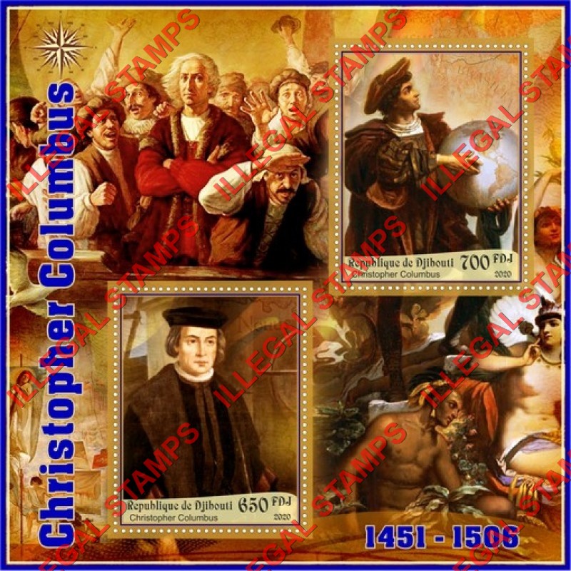 Djibouti 2020 Christopher Columbus Illegal Stamp Souvenir Sheet of 2 Djibouti 2020 Christopher Columbus Illegal Stamp Souvenir Sheet of 2