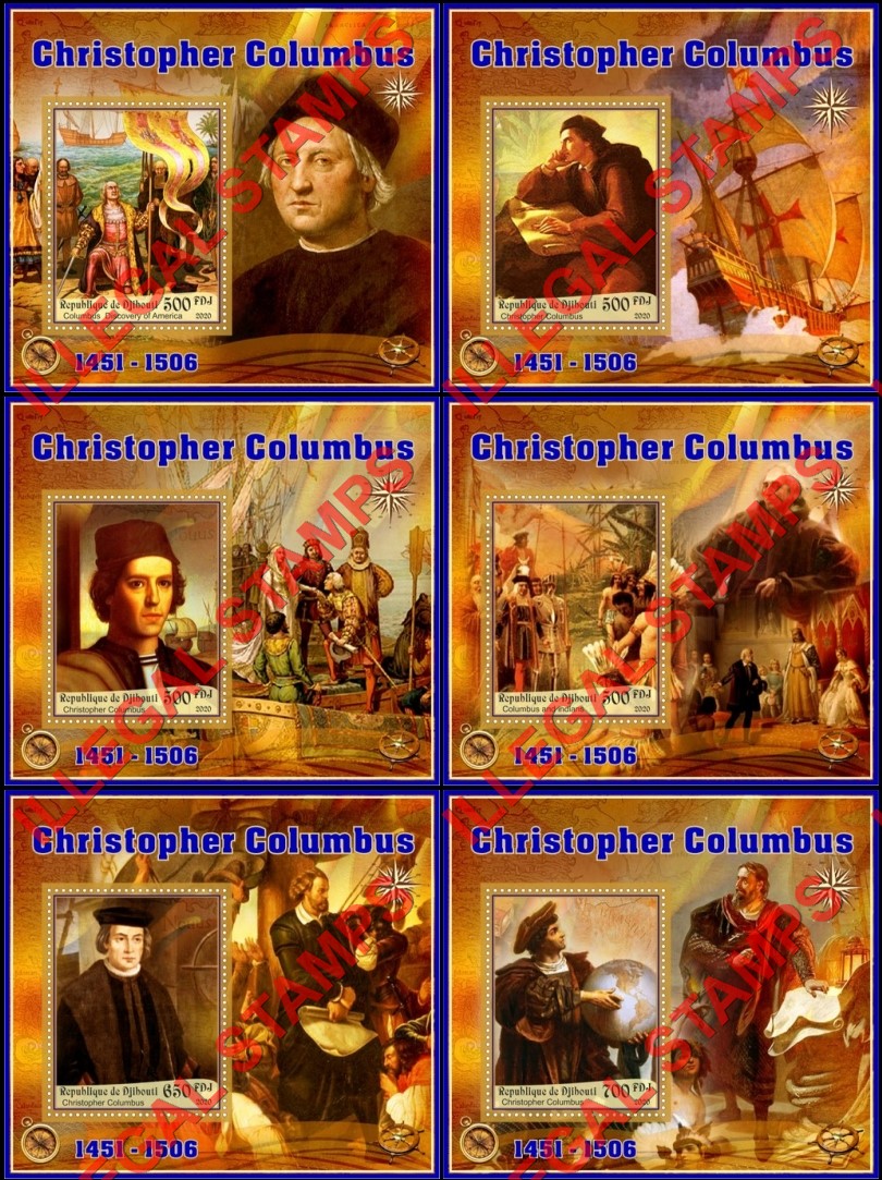 Djibouti 2020 Christopher Columbus Illegal Stamp Souvenir Sheets of 1 Djibouti 2020 Christopher Columbus Illegal Stamp Souvenir Sheets of 1