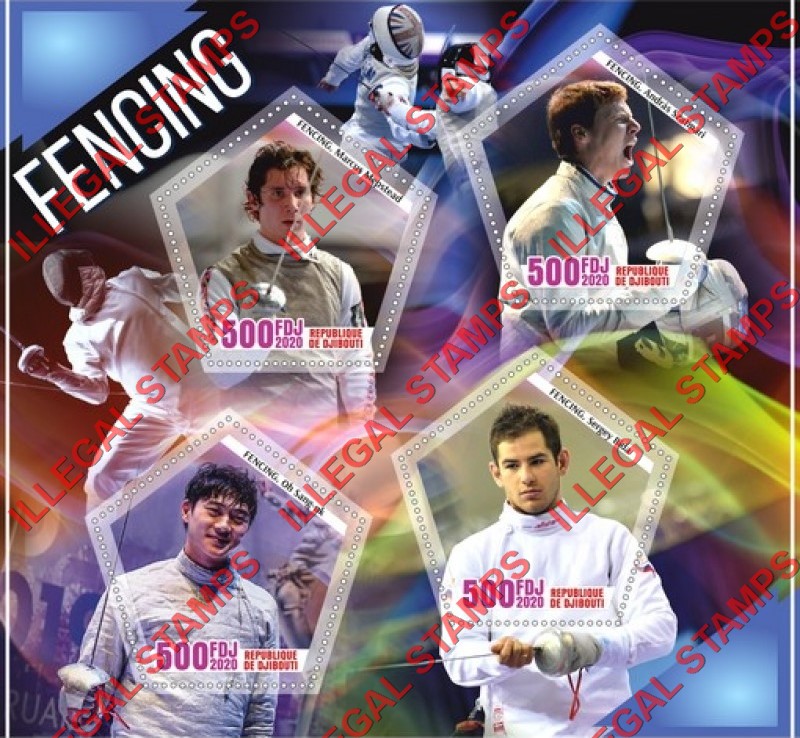Djibouti 2020 Fencing Illegal Stamp Souvenir Sheet of 4 Djibouti 2020 Fencing Illegal Stamp Souvenir Sheet of 4