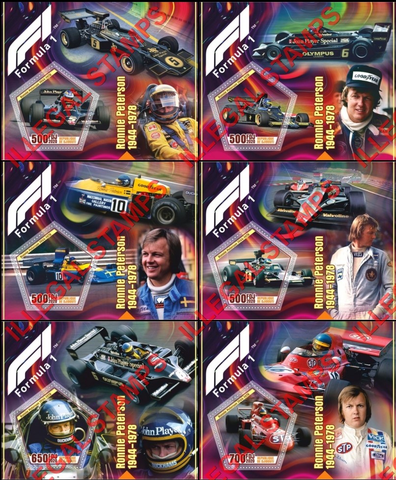 Djibouti 2020 Formula 1 Ronnie Peterson Illegal Stamp Souvenir Sheets of 1 Djibouti 2020 Formula 1 Ronnie Peterson Illegal Stamp Souvenir Sheets of 1