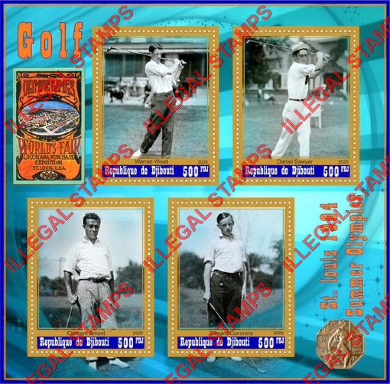 Djibouti 2020 Golf Players St. Louis 1904 Summer Olympics Illegal Stamp Souvenir Sheet of 4 Djibouti 2020 Golf Players St. Louis 1904 Summer Olympics Illegal Stamp Souvenir Sheet of 4