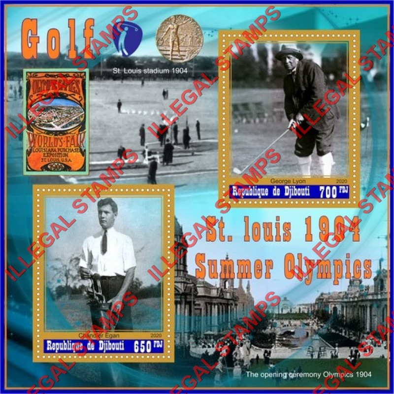 Djibouti 2020 Golf Players St. Louis 1904 Summer Olympics Illegal Stamp Souvenir Sheet of 2 Djibouti 2020 Golf Players St. Louis 1904 Summer Olympics Illegal Stamp Souvenir Sheet of 2