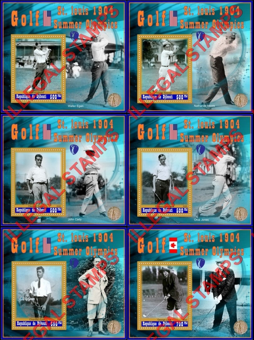 Djibouti 2020 Golf Players St. Louis 1904 Summer Olympics Illegal Stamp Souvenir Sheets of 1 Djibouti 2020 Golf Players St. Louis 1904 Summer Olympics Illegal Stamp Souvenir Sheets of 1
