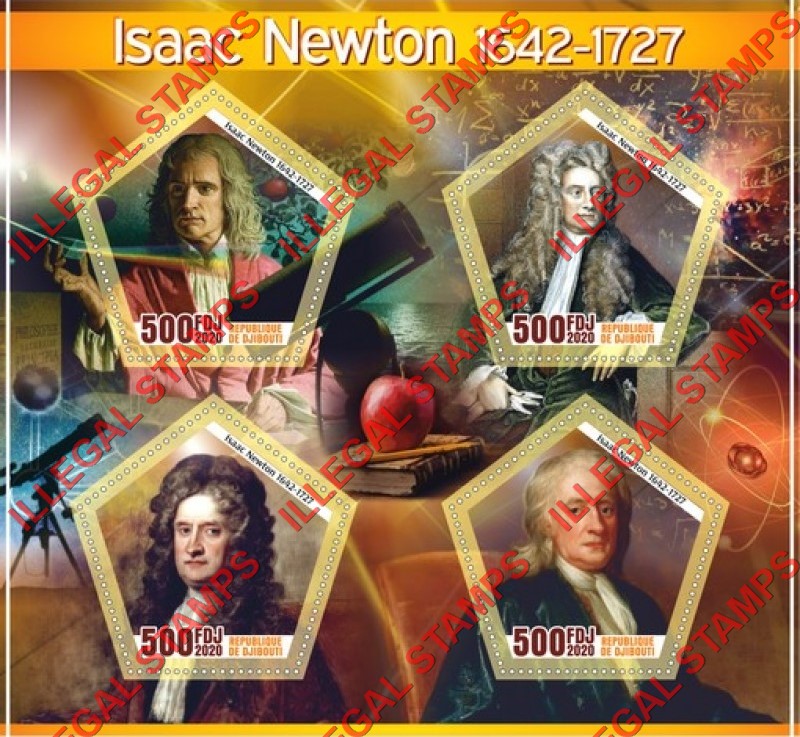Djibouti 2020 Isaac Newton Illegal Stamp Souvenir Sheet of 4 Djibouti 2020 Isaac Newton Illegal Stamp Souvenir Sheet of 4