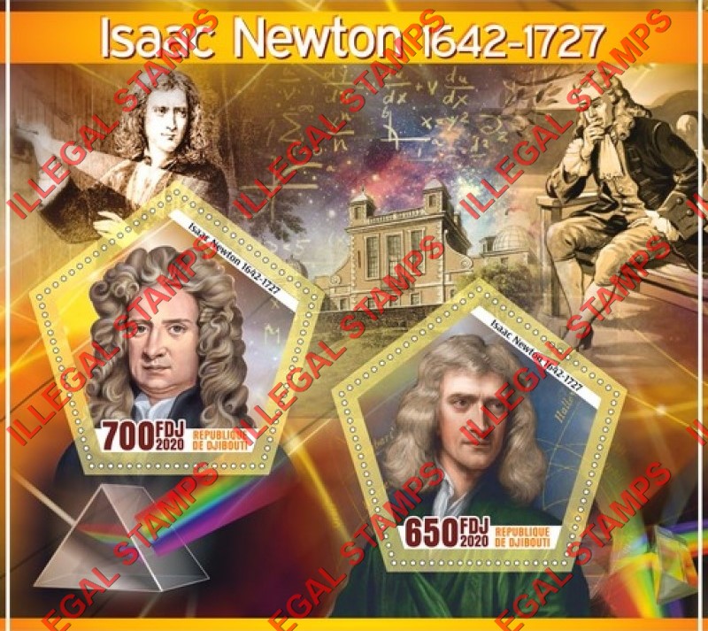 Djibouti 2020 Isaac Newton Illegal Stamp Souvenir Sheet of 2 Djibouti 2020 Isaac Newton Illegal Stamp Souvenir Sheet of 2