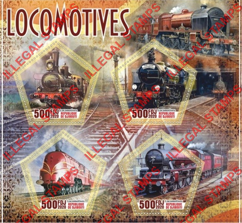 Djibouti 2020 Locomotives Illegal Stamp Souvenir Sheet of 4 Djibouti 2020 Locomotives Illegal Stamp Souvenir Sheet of 4