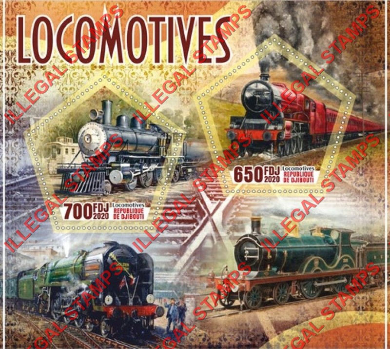 Djibouti 2020 Locomotives Illegal Stamp Souvenir Sheet of 2 Djibouti 2020 Locomotives Illegal Stamp Souvenir Sheet of 2