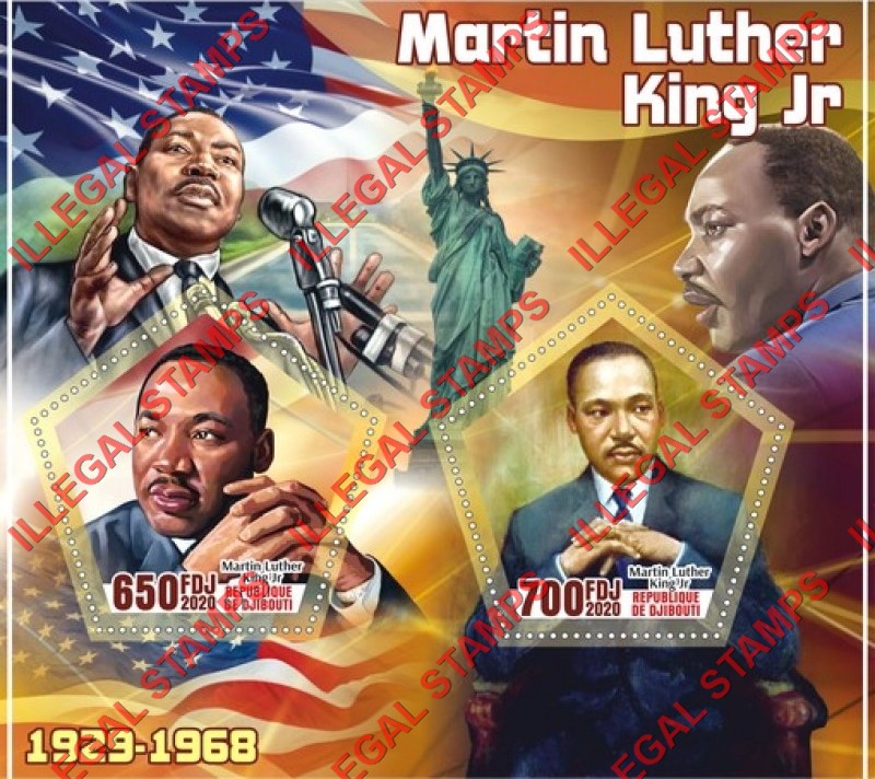 Djibouti 2020 Martin Luther King Jr. Illegal Stamp Souvenir Sheet of 2 Djibouti 2020 Martin Luther King Jr. Illegal Stamp Souvenir Sheet of 2