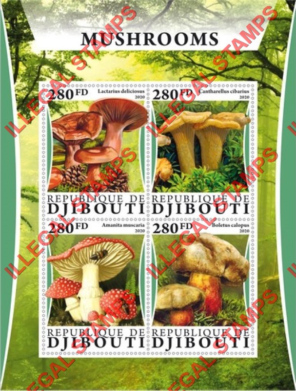 Djibouti 2020 Mushrooms Illegal Stamp Souvenir Sheet of 4 Djibouti 2020 Mushrooms Illegal Stamp Souvenir Sheet of 4