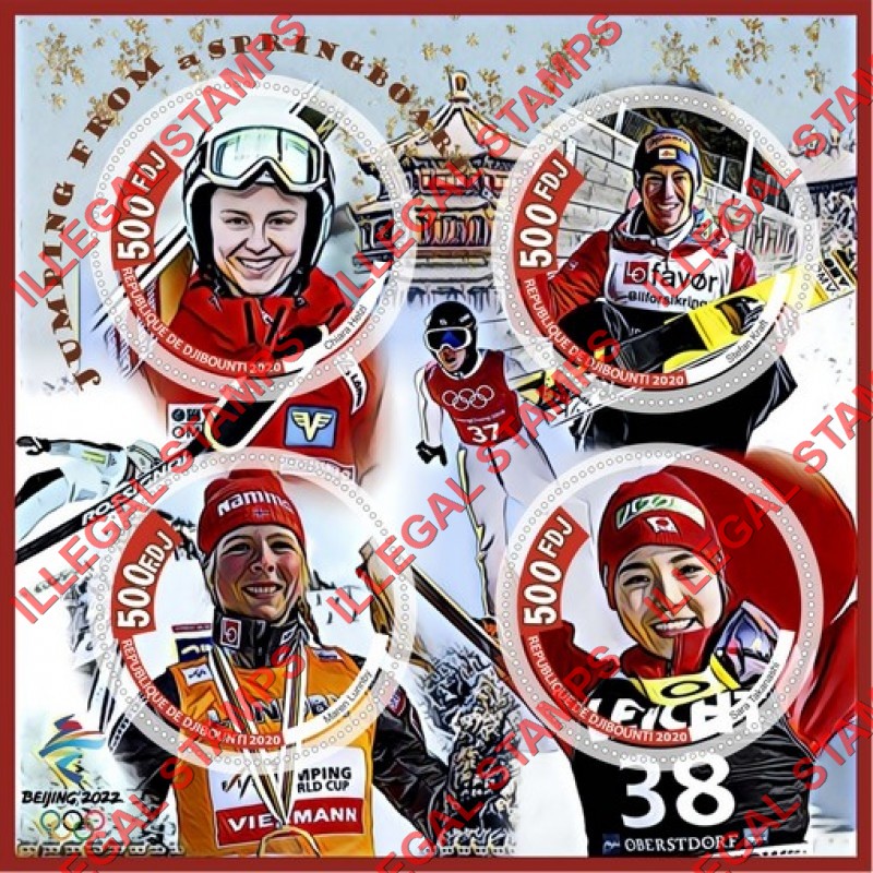 Djibouti 2020 Olympic Games in Beijing 2022 Ski Jumping from a Springboard Illegal Stamp Souvenir Sheet of 4 Djibouti 2020 Olympic Games in Beijing 2022 Ski Jumping from a Springboard Illegal Stamp Souvenir Sheet of 4
