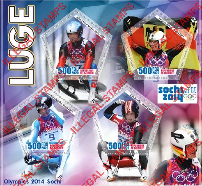 Djibouti 2020 Olympic Games in Sochi 2014 Luge Illegal Stamp Souvenir Sheet of 4 Djibouti 2020 Olympic Games in Sochi 2014 Luge Illegal Stamp Souvenir Sheet of 4