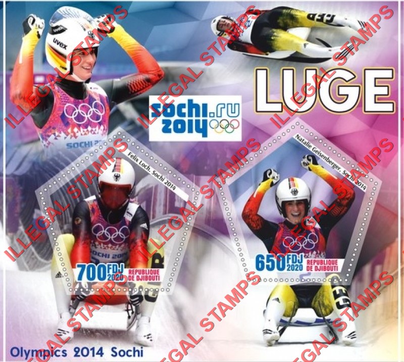 Djibouti 2020 Olympic Games in Sochi 2014 Luge Illegal Stamp Souvenir Sheet of 2 Djibouti 2020 Olympic Games in Sochi 2014 Luge Illegal Stamp Souvenir Sheet of 2