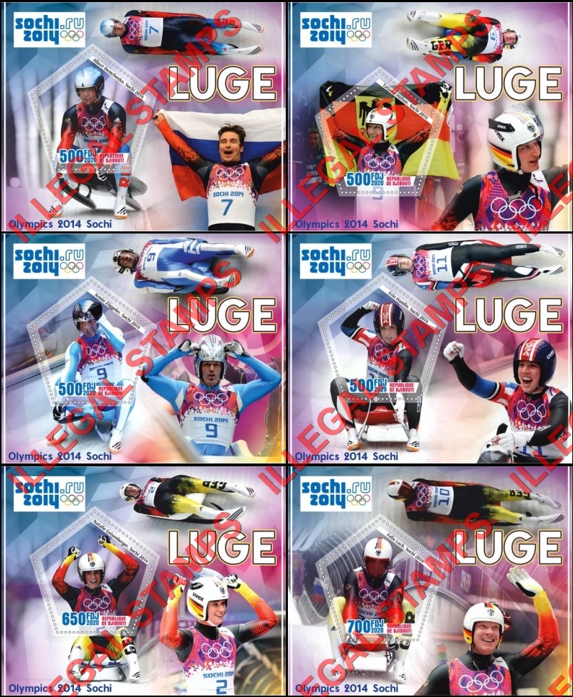 Djibouti 2020 Olympic Games in Sochi 2014 Luge Illegal Stamp Souvenir Sheets of 1 Djibouti 2020 Olympic Games in Sochi 2014 Luge Illegal Stamp Souvenir Sheets of 1