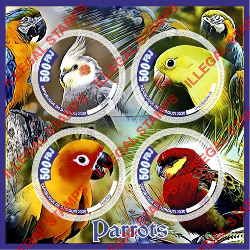 Djibouti 2020 Parrots (different) Illegal Stamp Souvenir Sheet of 4 Djibouti 2020 Parrots (different) Illegal Stamp Souvenir Sheet of 4