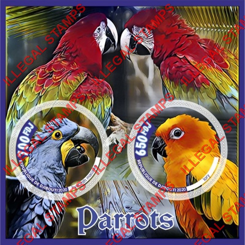 Djibouti 2020 Parrots (different) Illegal Stamp Souvenir Sheet of 2 Djibouti 2020 Parrots (different) Illegal Stamp Souvenir Sheet of 2