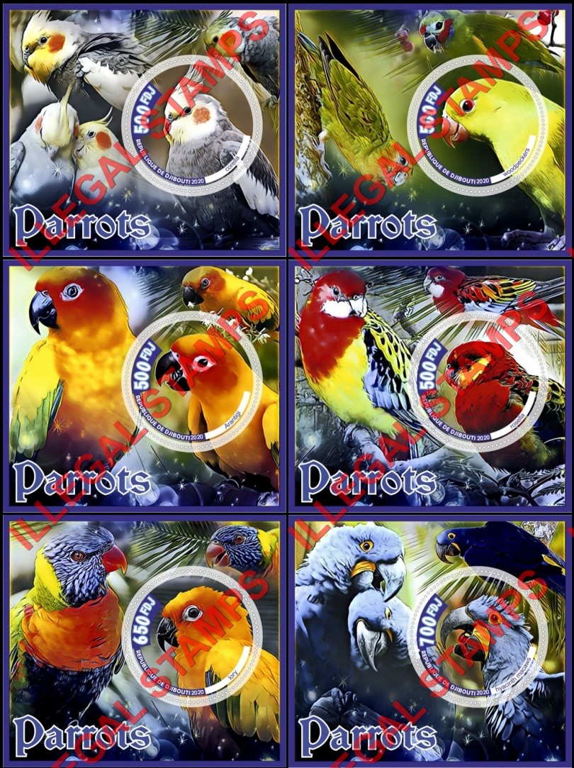Djibouti 2020 Parrots (different) Illegal Stamp Souvenir Sheets of 1 Djibouti 2020 Parrots (different) Illegal Stamp Souvenir Sheets of 1