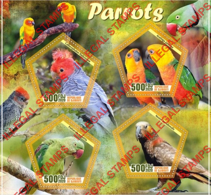 Djibouti 2020 Parrots Illegal Stamp Souvenir Sheet of 4 Djibouti 2020 Parrots Illegal Stamp Souvenir Sheet of 4