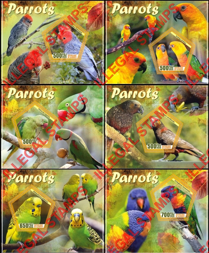 Djibouti 2020 Parrots Illegal Stamp Souvenir Sheets of 1 Djibouti 2020 Parrots Illegal Stamp Souvenir Sheets of 1