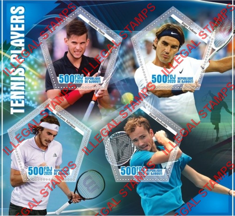 Djibouti 2020 Tennis Players Illegal Stamp Souvenir Sheet of 4 Djibouti 2020 Tennis Players Illegal Stamp Souvenir Sheet of 4