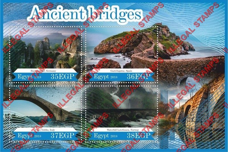 Egypt 2018 Ancient Bridges Illegal Stamp Souvenir Sheet of 4 Egypt 2018 Ancient Bridges Illegal Stamp Souvenir Sheet of 4
