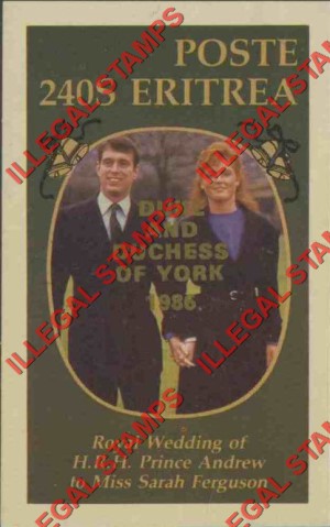 Eritrea 1986 Royal Wedding Counterfeit Illegal Stamp Souvenir Sheet of 1 with Gold Duke and Duchess of York Overprint