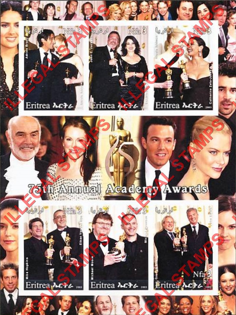 Eritrea 2003 75th Annual Academy Awards Counterfeit Illegal Stamp Souvenir Sheet of 6 Eritrea 2003 75th Annual Academy Awards Counterfeit Illegal Stamp Souvenir Sheet of 6