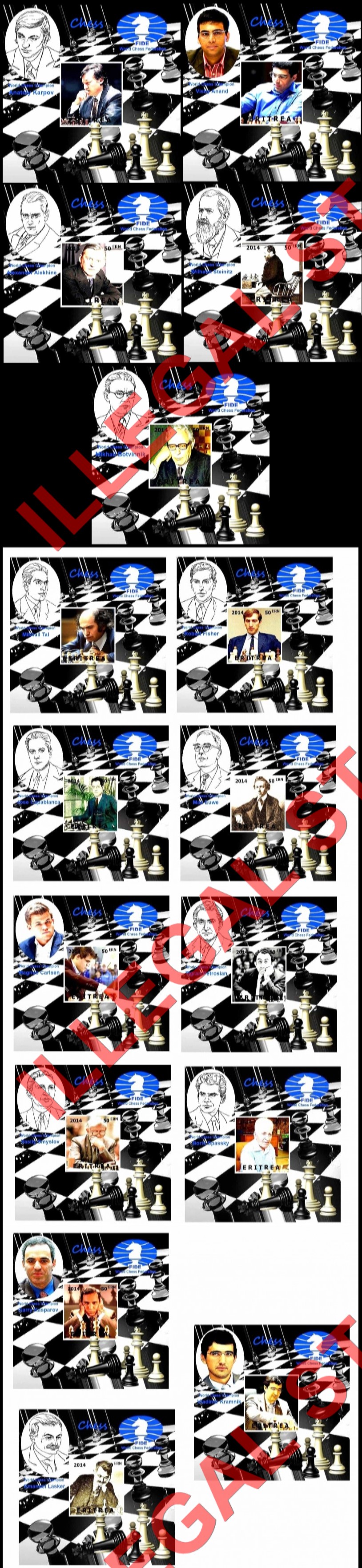 Eritrea 2014 Chess Players Counterfeit Illegal Stamp Souvenir Sheets of 1