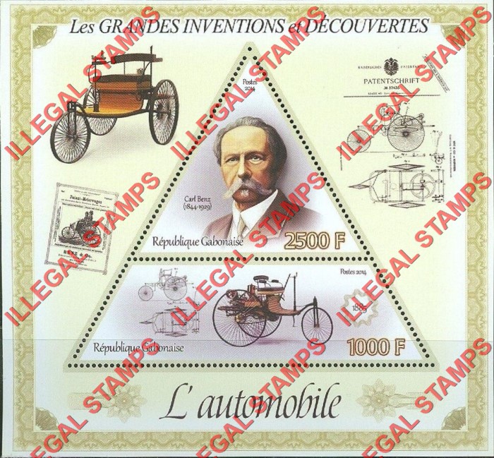 Gabon 2014 Great Inventions and Discoveries Automobile Carl Benz Illegal Stamp Souvenir Sheet of 2 Gabon 2014 Great Inventions and Discoveries Automobile Carl Benz Illegal Stamp Souvenir Sheet of 2