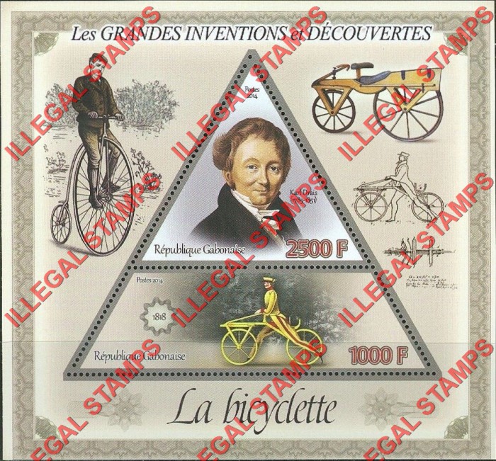 Gabon 2014 Great Inventions and Discoveries Bicycle Karl Drais Illegal Stamp Souvenir Sheet of 2 Gabon 2014 Great Inventions and Discoveries Bicycle Karl Drais Illegal Stamp Souvenir Sheet of 2