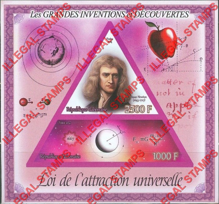 Gabon 2014 Great Inventions and Discoveries Law of Universal Attraction Isaac Newton Illegal Stamp Souvenir Sheet of 2 Gabon 2014 Great Inventions and Discoveries Law of Universal Attraction Isaac Newton Illegal Stamp Souvenir Sheet of 2