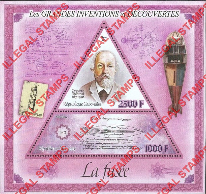 Gabon 2014 Great Inventions and Discoveries Rocket Constantin Tsiolkovski Illegal Stamp Souvenir Sheet of 2 Gabon 2014 Great Inventions and Discoveries Rocket Constantin Tsiolkovski Illegal Stamp Souvenir Sheet of 2