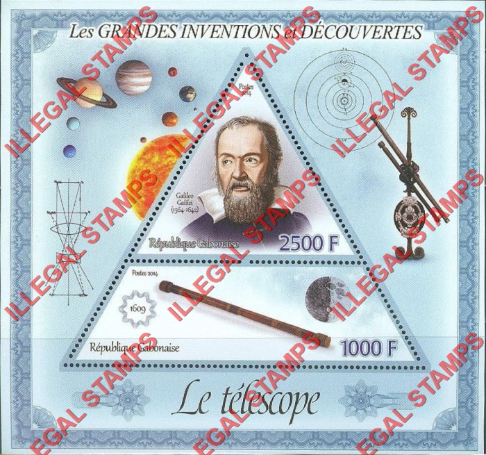 Gabon 2014 Great Inventions and Discoveries Telescope Galileo Galilei Illegal Stamp Souvenir Sheet of 2 Gabon 2014 Great Inventions and Discoveries Telescope Galileo Galilei Illegal Stamp Souvenir Sheet of 2