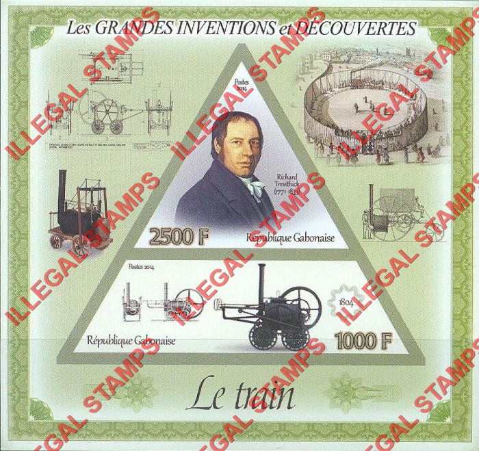 Gabon 2014 Great Inventions and Discoveries Train Richard Trevithick Illegal Stamp Souvenir Sheet of 2 Gabon 2014 Great Inventions and Discoveries Train Richard Trevithick Illegal Stamp Souvenir Sheet of 2