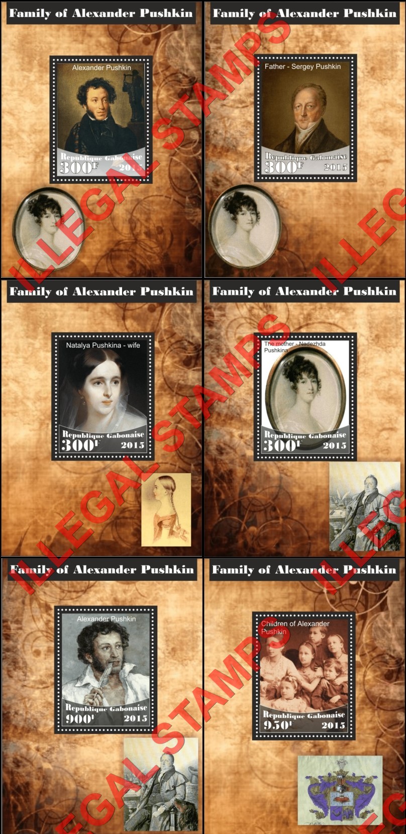 Gabon 2015 Alexander Pushkin Family Illegal Stamp Souvenir Sheets of 1 Gabon 2015 Alexander Pushkin Family Illegal Stamp Souvenir Sheets of 1