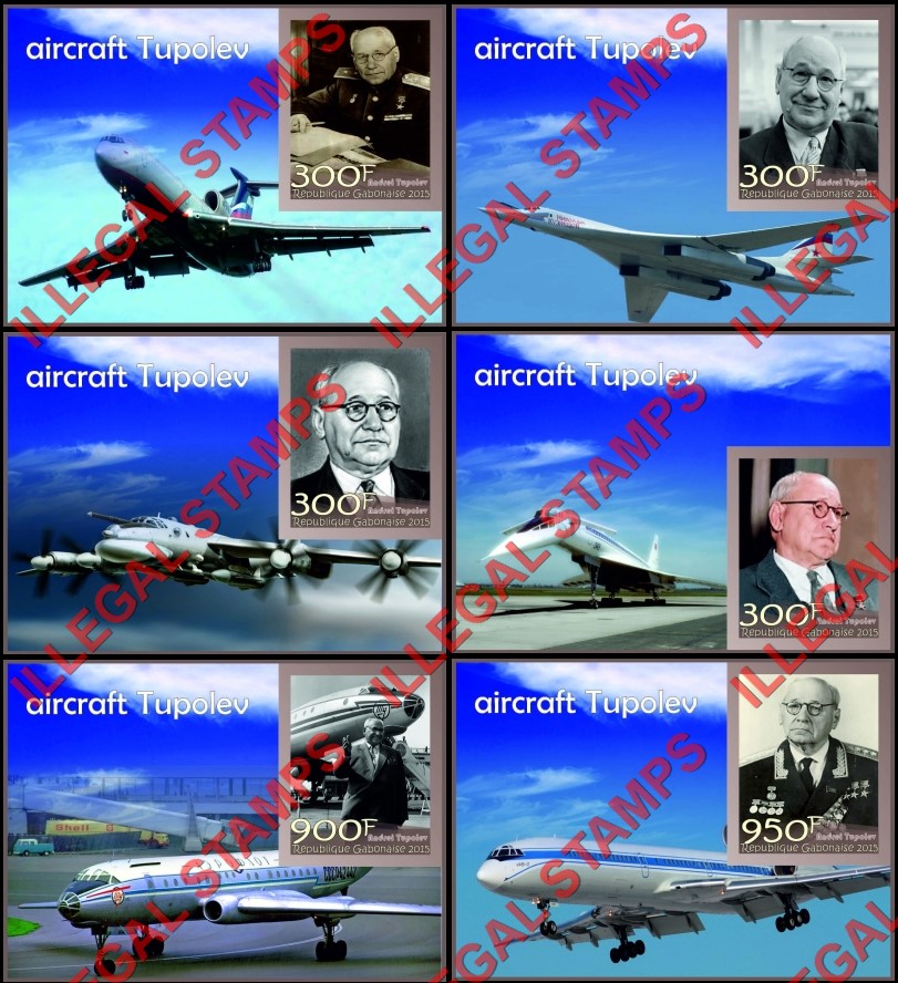 Gabon 2015 Andrei Tupolev Aircraft Illegal Stamp Souvenir Sheets of 1 Gabon 2015 Andrei Tupolev Aircraft Illegal Stamp Souvenir Sheets of 1