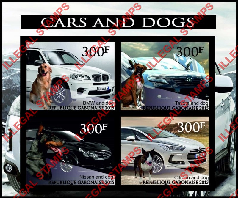 Gabon 2015 Cars and Dogs Illegal Stamp Souvenir Sheet of 4 Gabon 2015 Cars and Dogs Illegal Stamp Souvenir Sheet of 4
