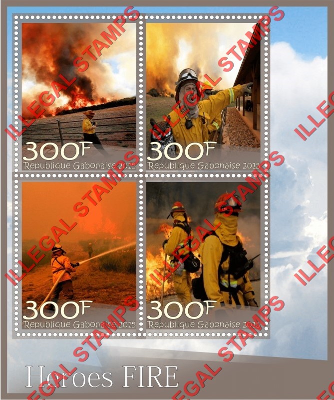 Gabon 2015 Firefighters Illegal Stamp Souvenir Sheet of 4 Gabon 2015 Firefighters Illegal Stamp Souvenir Sheet of 4