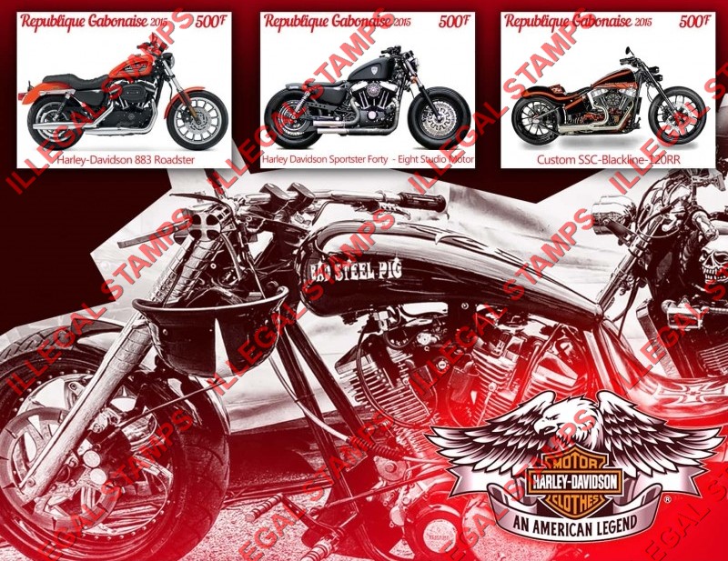 Gabon 2015 Motorcycles Harley Davidson Illegal Stamp Souvenir Sheet of 4 Gabon 2015 Motorcycles Harley Davidson Illegal Stamp Souvenir Sheet of 4