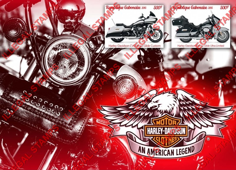 Gabon 2015 Motorcycles Harley Davidson Illegal Stamp Souvenir Sheet of 2 Gabon 2015 Motorcycles Harley Davidson Illegal Stamp Souvenir Sheet of 2