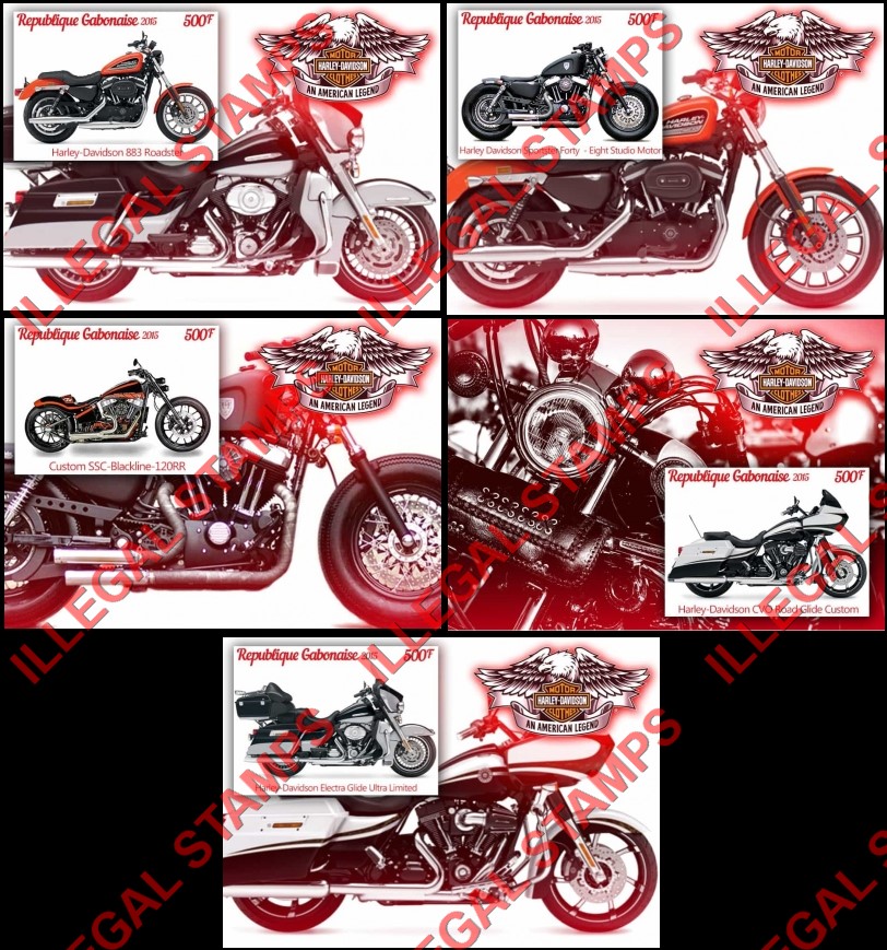 Gabon 2015 Motorcycles Harley Davidson Illegal Stamp Souvenir Sheets of 1 Gabon 2015 Motorcycles Harley Davidson Illegal Stamp Souvenir Sheets of 1
