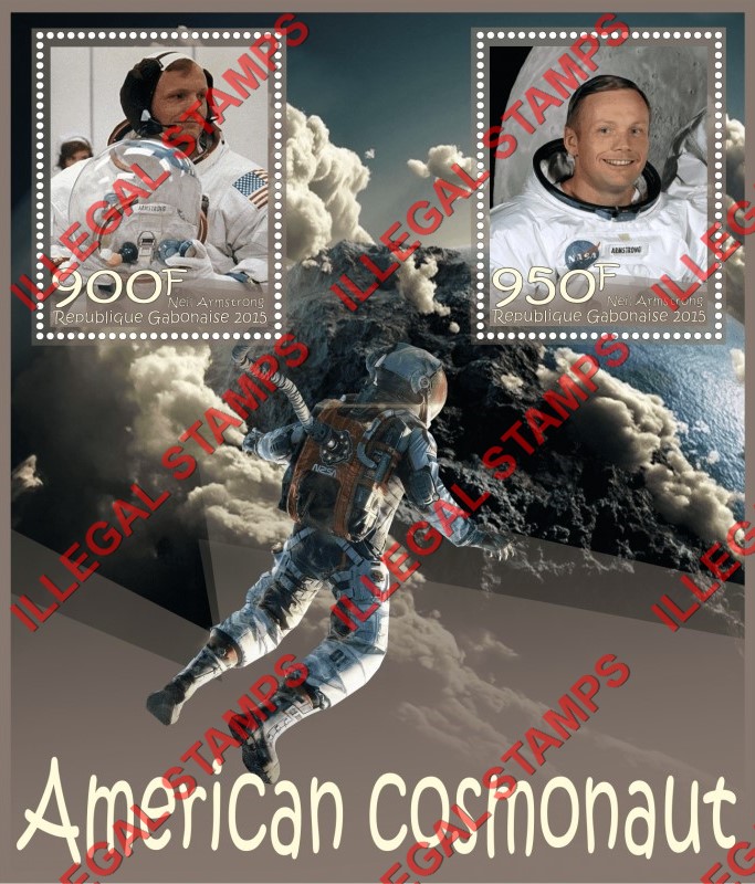 Gabon 2015 Space Neil Armstrong American Cosmonaut Illegal Stamp Souvenir Sheet of 2 Gabon 2015 Space Neil Armstrong American Cosmonaut Illegal Stamp Souvenir Sheet of 2