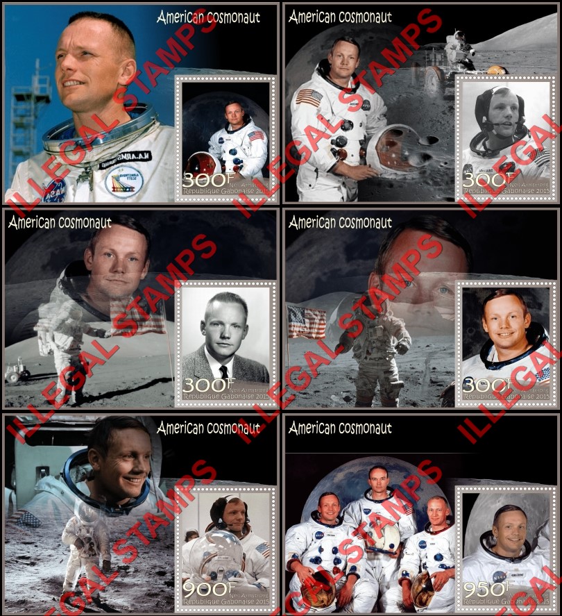 Gabon 2015 Space Neil Armstrong American Cosmonaut Illegal Stamp Souvenir Sheets of 1 Gabon 2015 Space Neil Armstrong American Cosmonaut Illegal Stamp Souvenir Sheets of 1