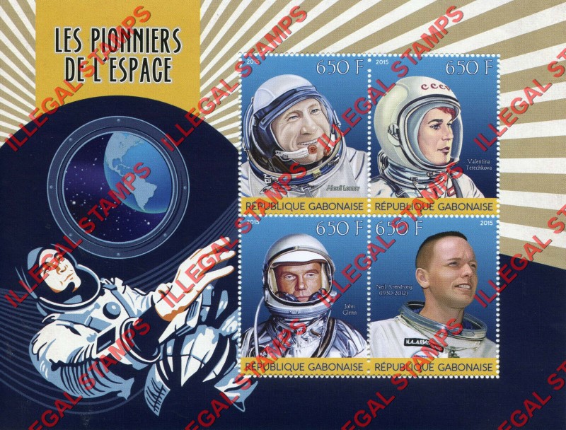 Gabon 2015 Space Pioneers Illegal Stamp Souvenir Sheet of 4 Gabon 2015 Space Pioneers Illegal Stamp Souvenir Sheet of 4