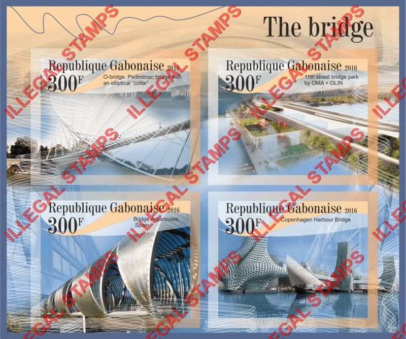 Gabon 2016 Bridges Illegal Stamp Souvenir Sheet of 4 Gabon 2016 Bridges Illegal Stamp Souvenir Sheet of 4
