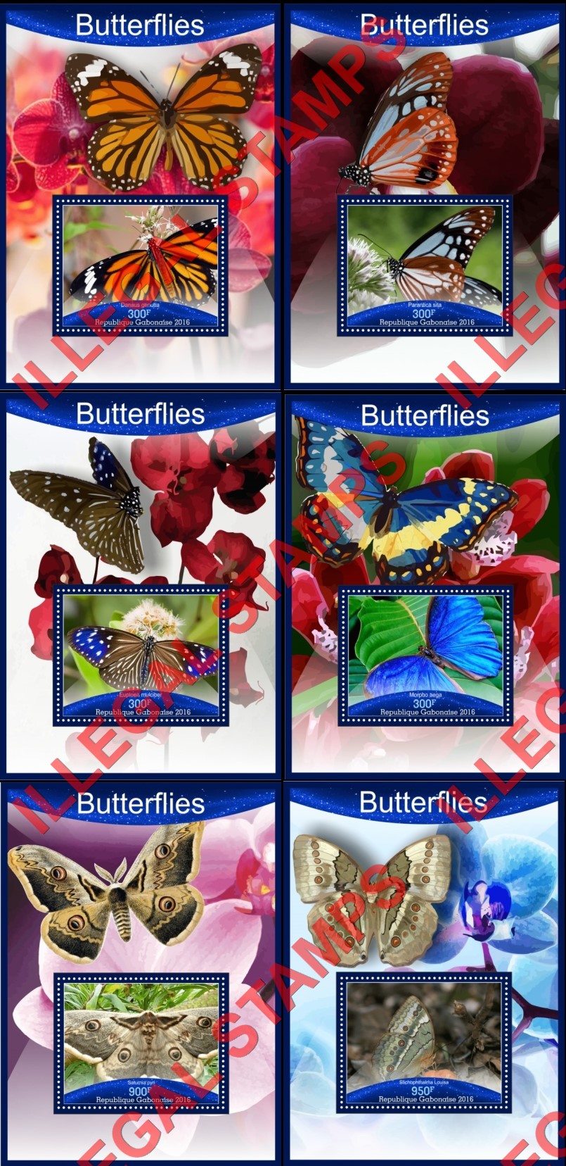Gabon 2016 Butterflies (different) Illegal Stamp Souvenir Sheets of 1 Gabon 2016 Butterflies (different) Illegal Stamp Souvenir Sheets of 1