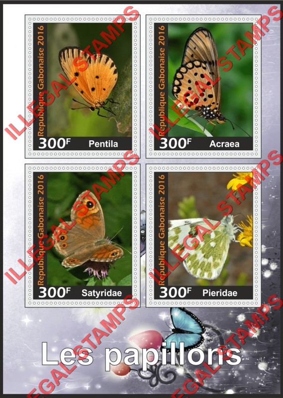 Gabon 2016 Butterflies Illegal Stamp Souvenir Sheet of 4 Gabon 2016 Butterflies Illegal Stamp Souvenir Sheet of 4